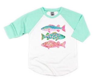 Toddler Girl Colorful Fish Baseball Tee | Preppy Fish Kids Raglan | Cute Fish Shirt for Kids