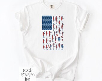 Mens Fishing Flag Shirt | Fishing Lures Comfort Colors Patriotic Tee | 4th of July Shirt | America Tee