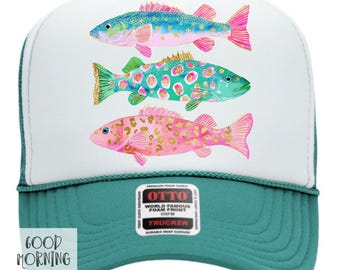 Preppy Fish Trucker Hat | Summer Fishing Hat for Ladies | Otto Foam Hat for Women | Colorful Fish Cap