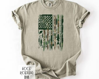 Guys Camo Fishing Flag TShirt | Comfort Colors Patriotic Tee | Father's Day Shirt