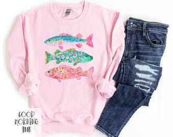 Preppy Fish Crewneck Sweatshirt | Ladies Fishing Summer Tee | Cute Ladies Colorful Fish Shirt