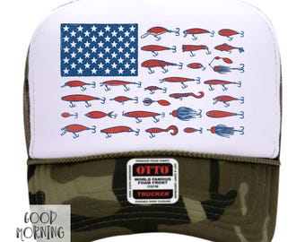 USA Flag Trucker Hat | Fishing Lure Hat | Summer Fish Hat for Men | America Otto Foam Hat | Guys 4th of July Ball Cap