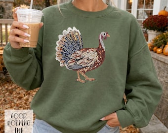 Faux Rhinestone Turkey Sweatshirt | Womens Hunting Season Sweatshirt | Cute Country Hunting Crewneck | Ladies Camo Turkey Sweatshirt
