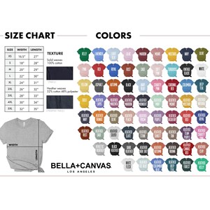 以下が含まれることがあります： Bella+CanvasのTシャツのサイズチャートとカラーオプション。XSから5XLまでのサイズと、インチ単位の幅と長さの測定値が記載されています。カラーサンプルには、ケリー、ラベンダー、マスタードなどの色合いが含まれています。
