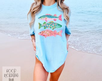 Preppy Fish Comfort Colors Tee | Ladies Fishing Summer Tee | Cute Ladies Fish Crewneck Sweatshirt | Color Fish