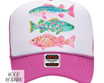 Preppy Fish Trucker Hat | Summer Fishing Hat for Ladies | Otto Foam Hat for Women | Colorful Fish Cap