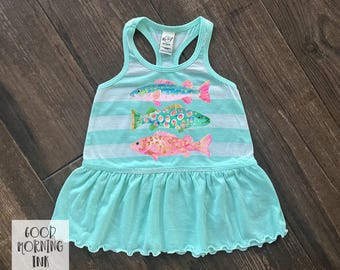 Toddler Girl Colorful Fish Dress | Preppy Fish Kids Light weight Summer Sleeveless Dress | Toddler Ruffle Sleeve Fishing Dress