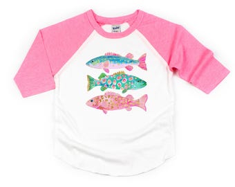 Toddler Girl Preppy Fish Summer Tee | Colorful Fish Kids Baseball Raglan | Cute Fish Shirt for Kids