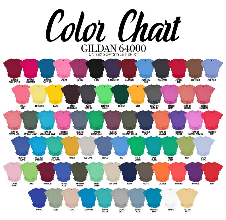以下が含まれることがあります： Gildan 64000ユニセックスソフトスタイルTシャツのカラーチャート。 アンティークチェリーレッド、アザレア、ブラック、カロライナブルーなど、幅広い色が表示されています。 各色はTシャツサンプルで表現されています。
