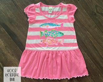 Toddler Summer Preppy Fish Dress | Colorful Kids Light weight Summer Sleeveless Dress | Toddler Ruffle Sleeve Fishing Dress