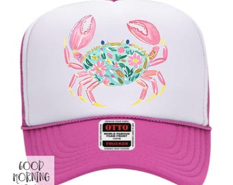 Preppy Crab Trucker Hat | Summer Beach Vacation Hat for Ladies | Otto Foam Hat for Women