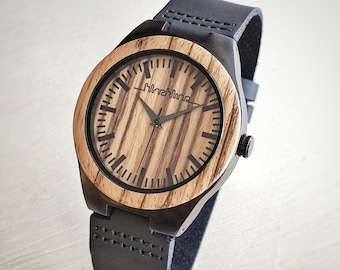 Mens Zebrawood Watch, Engraved Ebony Wood Case, Leather Strap