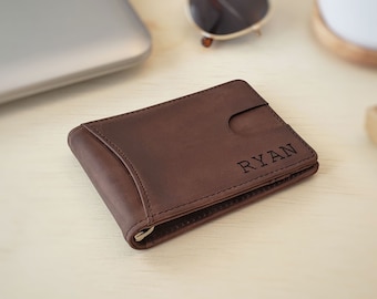 Front Pocket Super Slim Custom Leather Wallet, Personalized Card Holder for Men, Boyfriend Gift