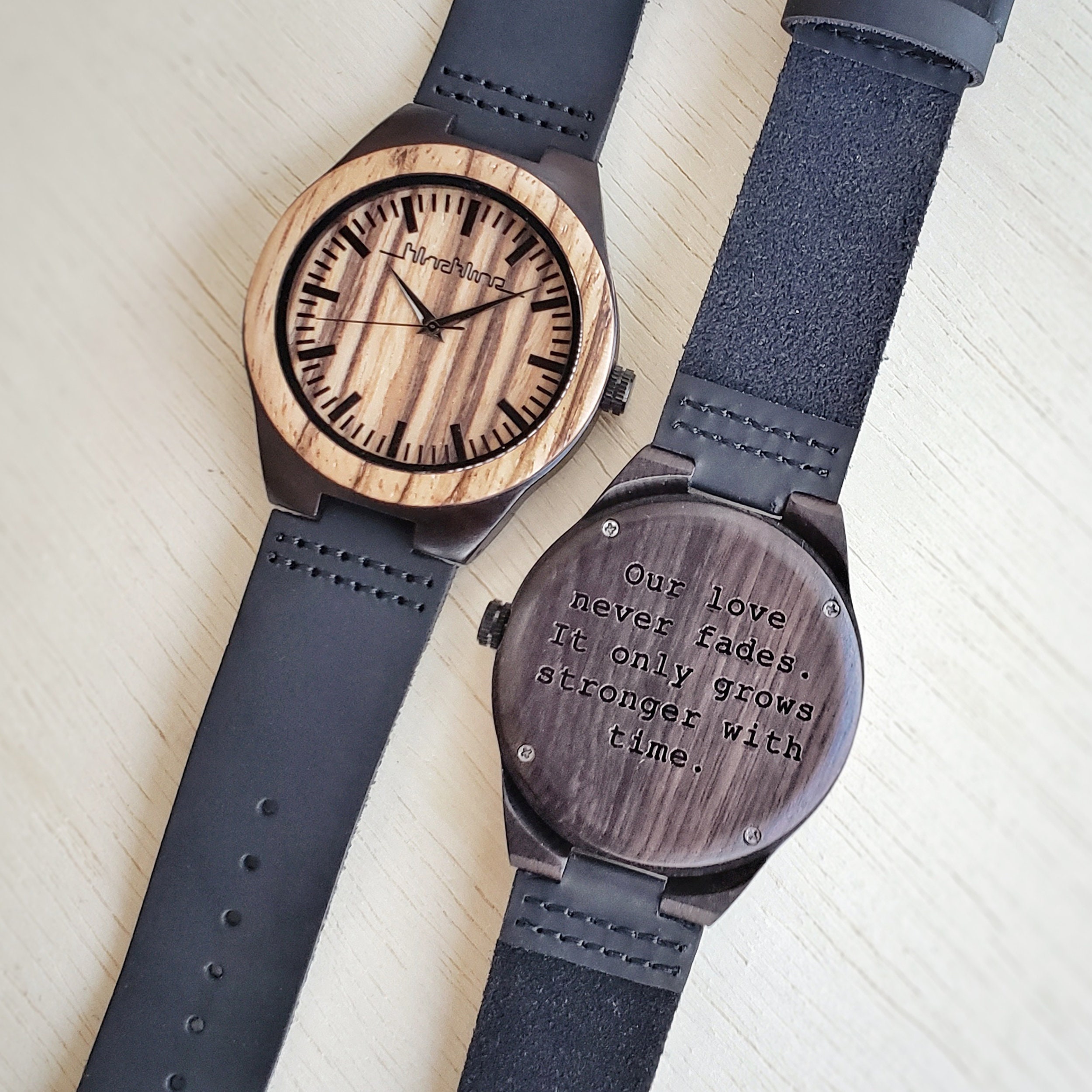 Engraved Wooden Watch, Leather Strap, 5 Year Anniversary Gift for Him ...
