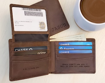 Cartera de cuero marrón oscuro para hombre, grabado con el tercer aniversario como regalo para el novio