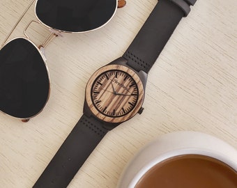 40th Birthday Gift for Man, Personalized Wood Watch with Black Leather Strap, Classy Men's Jewelry