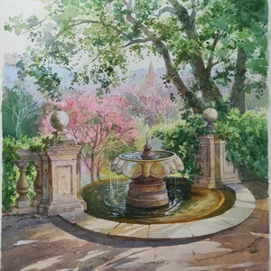 Giardini di Villa Borghese. Primavera. Roma. Dipinto ad acquerello originale. Paesaggio italiano. Fontana. Decorazione per soggiorno. Regalo per amanti dell'arte