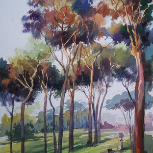 Paesaggio italiano. Parco dei pini. Pineta. Acquerello originale. Arte del paesaggio. Decorazione della parete del soggiorno. Regalo per gli amanti dell'arte.