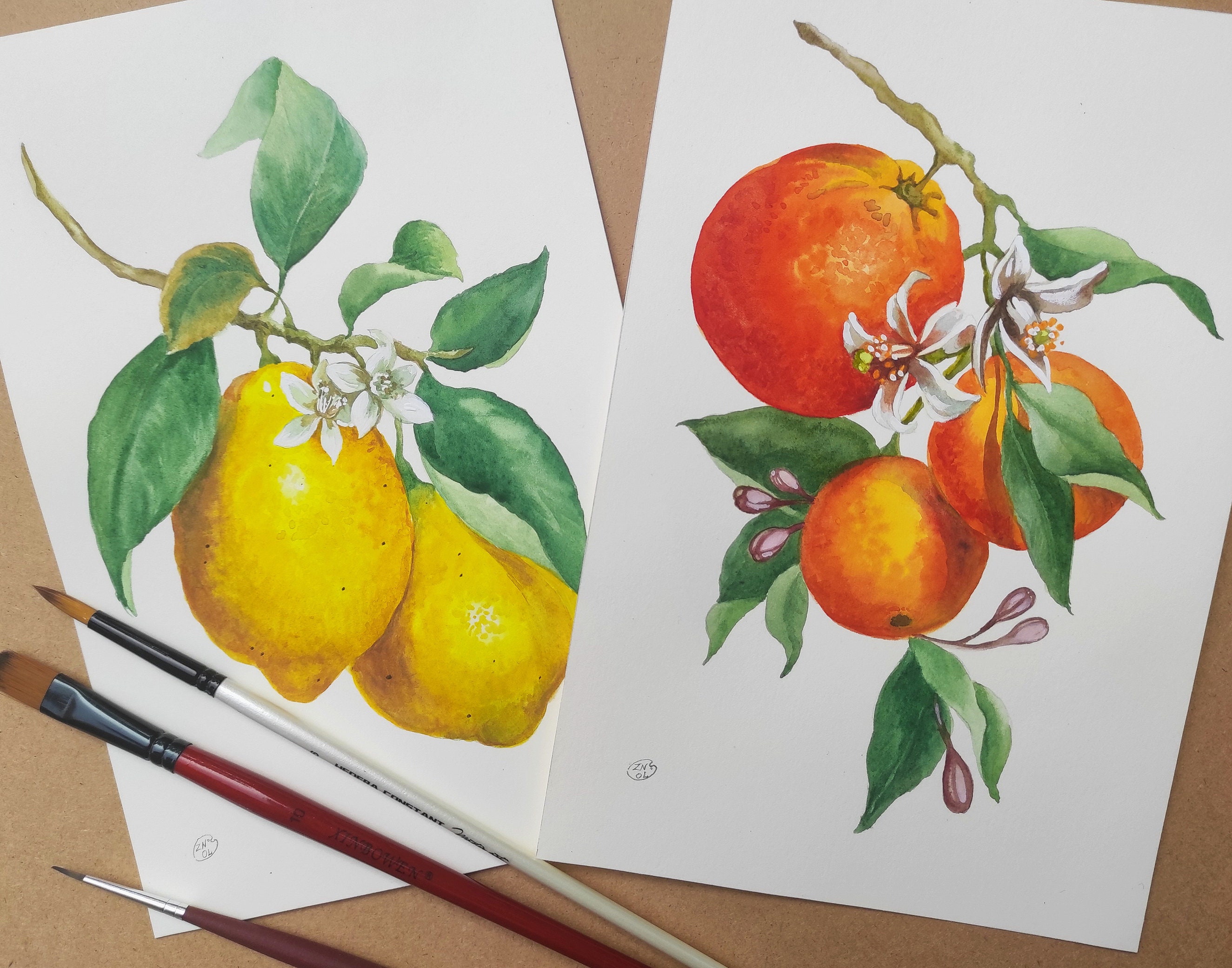 Lemons and Oranges .set of 2 Still-lifes in Italian Style