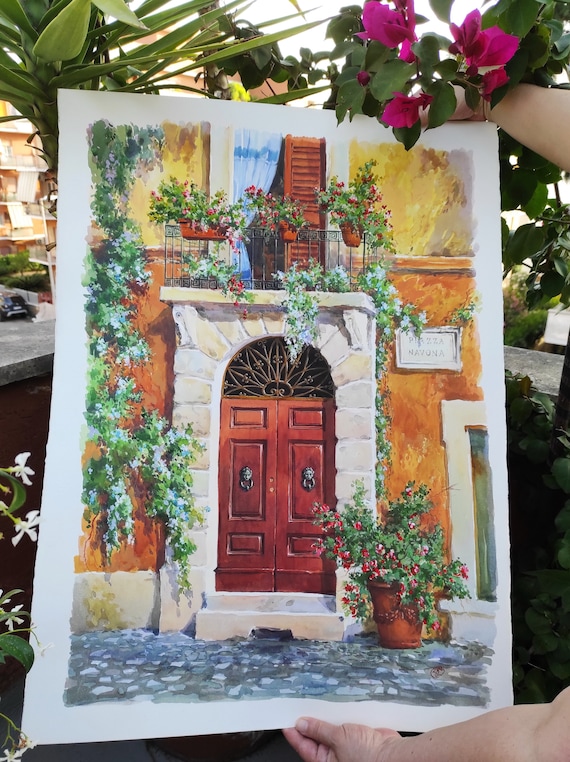 Original Watercolor Painting: Old Roman Door With Balcony, Italian