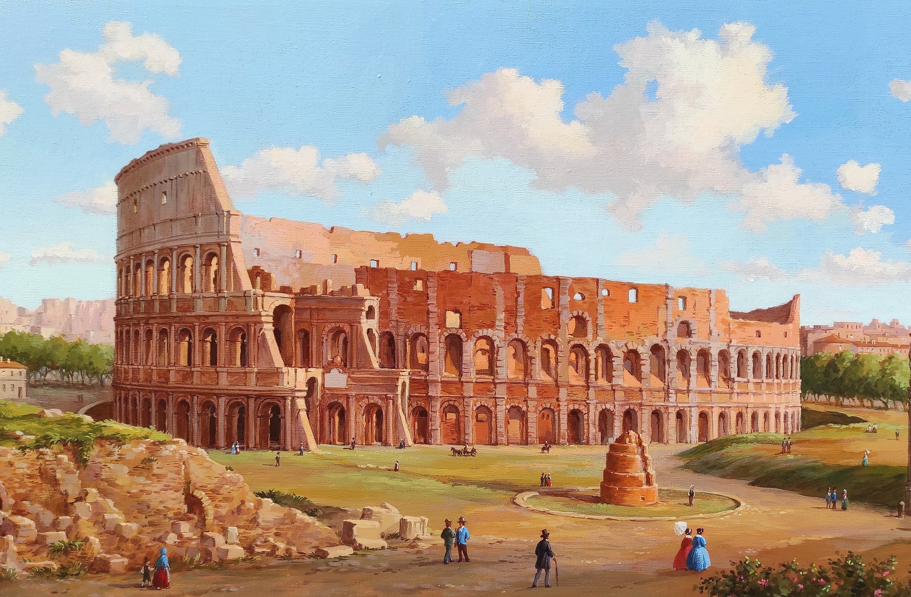 ローマの風景画 大きめ 油彩 コロッセオ、古典的なローマの風景。19 世紀後半のスタイルで