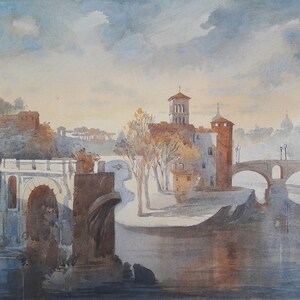 Drei römische Brücken. Die Tiberinsel im Herbst.  Original Aquarellmalerei. Architekturskizze. Stadt Portrait Kunst. Rom. Für Kunstliebhaber
