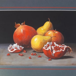 Natura morta autunnale. Melograni e pere. Stile classico. Dipinto a tempera originale. Accogliente decorazione da parete per cucina e sala da pranzo. Regalo.