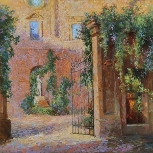 Via Margutta courtyard in the afternoon sunlight. Rome. Original oil painting. Pointillism. Original art. Italian landscape. Fine art.