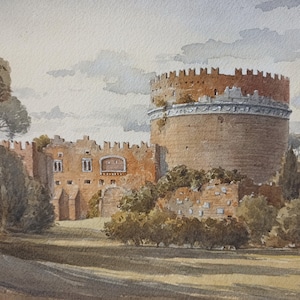 Umore autunnale. Roma. La Via Appia Antica. Tomba di Cecilia Metella. Dipinto ad acquerello originale. Schizzo di architettura. Paesaggio italiano. Regalo