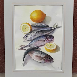 Poissons frais et citrons juteux. Aquarelle originale. Art de la nature morte. Style classique. Décoration murale confortable pour la cuisine et la salle à manger. Cadeau.