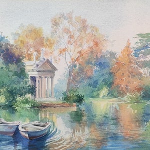 Giardini di Villa Borghese. Umore autunnale. Tempio di Esculapio. Roma. Acquerello originale. Paesaggio italiano. Arredamento del soggiorno. Regalo.