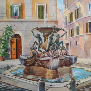 Fontana delle Tartarughe. La Fontana delle Tartarughe. Piazza Mattei. Roma. Luce di Roma. Dipinto ad acquerello originale. Regalo.