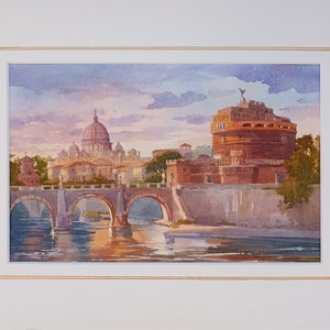 Tramonto dopo la pioggia. Roma. Castel Sant'Angelo. San Pietro. Dipinto ad acquerello originale. Belle Arti. Paesaggio urbano. Stile classico. Regalo.