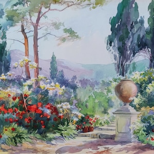 Paesaggio artistico italiano. Giardini di Villa Borghese. Primavera. Roma. Pittura ad acquerello originale. Decorazione della parete del soggiorno. Regalo per gli amanti dell'arte.