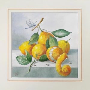 Juicy lemons and dragonfly. Original watercolor painting. Still-life art. Classic style. Cozy  kitchen & dining room wall decor. Gift.