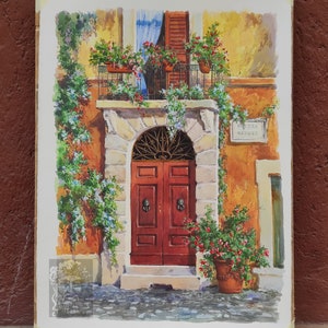 Vecchia porta romana con balcone e finestra. Pomeriggio soleggiato. Roma.  Pittura ad acquerello originale. Paesaggio italiano. Regalo per gli amanti dell'arte.