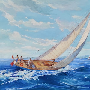 Morze, wiatr i żagle. Morski pejzaż z jachtem. Oryginalny obraz akwarelowy. Sztuka morska. Realistyczny ręcznie robiony obraz. Dekoracja ścienna. Prezent.