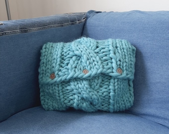 Hand Knit Merino Wool Cable Pillow, Decorative Cushion