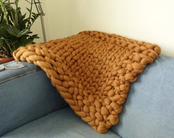 Chunky Knit Merino Wool Blanket, Decorative Edge Throw, S/M