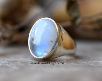 Solid 925 Sterling Silver Rainbow Moonstone Gemstone Ring Mens Ring Jewelry M13