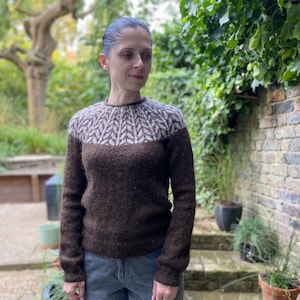 May include: A brown sweater with a white and brown leaf pattern on the yoke. The sweater is made of a soft, fuzzy yarn.