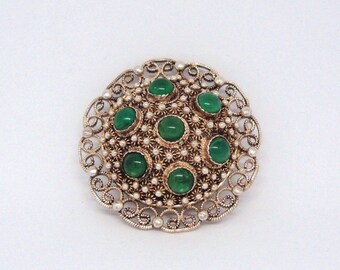 Antique/Vintage Chinese Export Emerald Green Chrysoprase Filigree Gold Vermeil Brooch