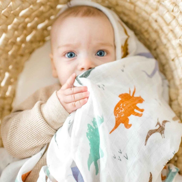 100% Cotton Dinosaurs Baby Blanket, Dinosaurs Swaddle Blanket, Baby Christening Gift, Baby Boy Gift, Dinosaurs Nursery Decor, Baby Gift