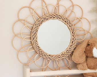 Double Flower Bamboo Mirror, Rattan Mirror, Flower Mirror, Wooden Mirror, Nursery Mirror, Boho Nursery Mirror, Exotic Baby Room Mirror