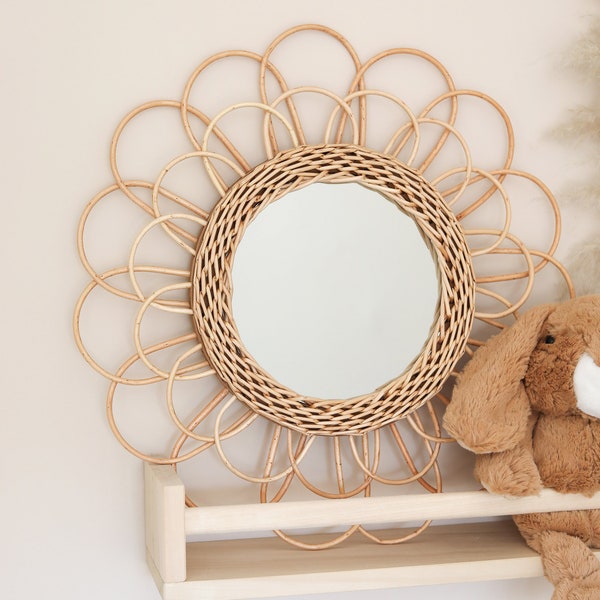 Double Flower Bamboo Mirror, Rattan Mirror, Flower Mirror, Wooden Mirror, Nursery Mirror, Boho Nursery Mirror, Exotic Baby Room Mirror