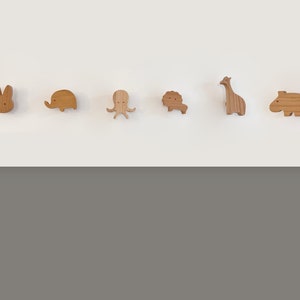 Set of 6 Animals Wooden Hooks - Elephant, Lion, Hippo, Rabbit, Whale, Tortoise, Cat, Octopus, Giraffe, Fox