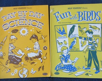 Vintage Help Yourself Series. Children’s activity books. 1958 Fun with Birds and 1954 Day by Day Science workbooks. Whitman Publishing USA