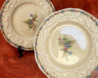 Florentine English plates. 2 vintage 1930’s Crown Ducal tableware. Florentine plate shape 3110. Lithograph Chatham. Porcelain trademark 222