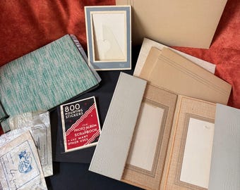 Album refill pages. Photo memorabilia. 1930s green photo album black pages. 1940s refill pages two sizes. Mounting stickers. Display folders