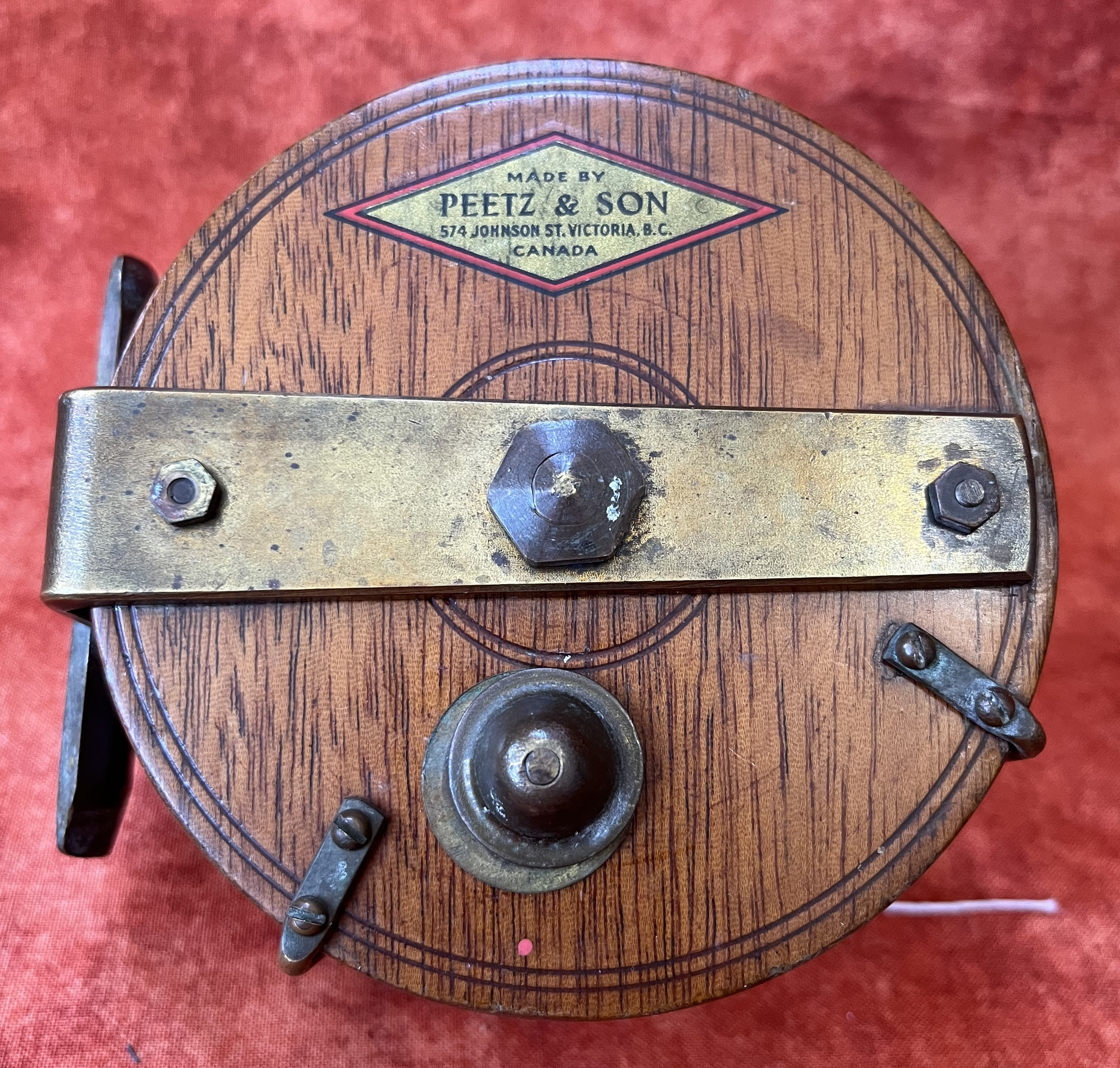 4” Peetz trolling fishing reel. Mahogany wood reel. Early antique wooden  fishing reel. Made in Victoria BC Canada. Peetz and Son. Dad’s gift